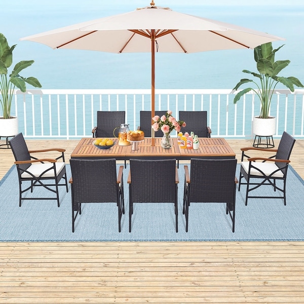 Costway 9 PCS Patio Rattan Dining Set with Acacia Wood Table，