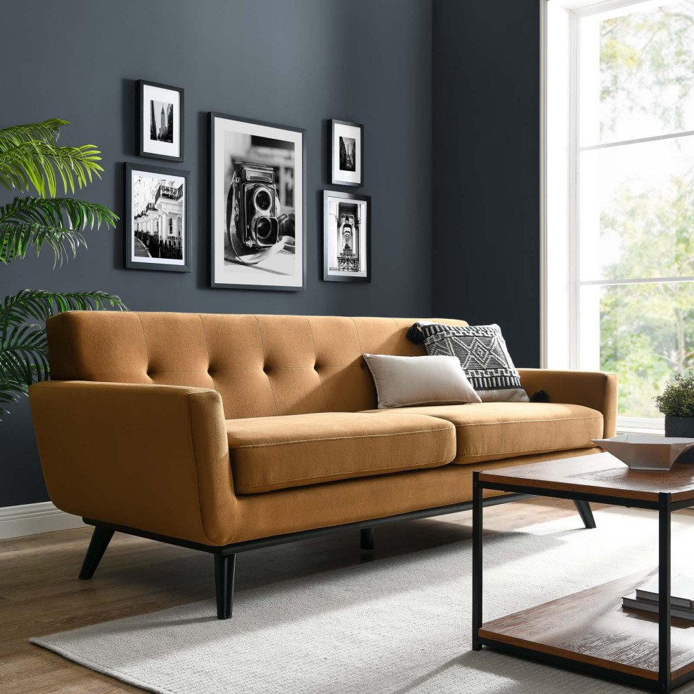 Retro Sofa  Black Wood Legs  ampCushioned Seat With Angled Track Arms   Midcentury   Sofas   by Decorn  Houzz