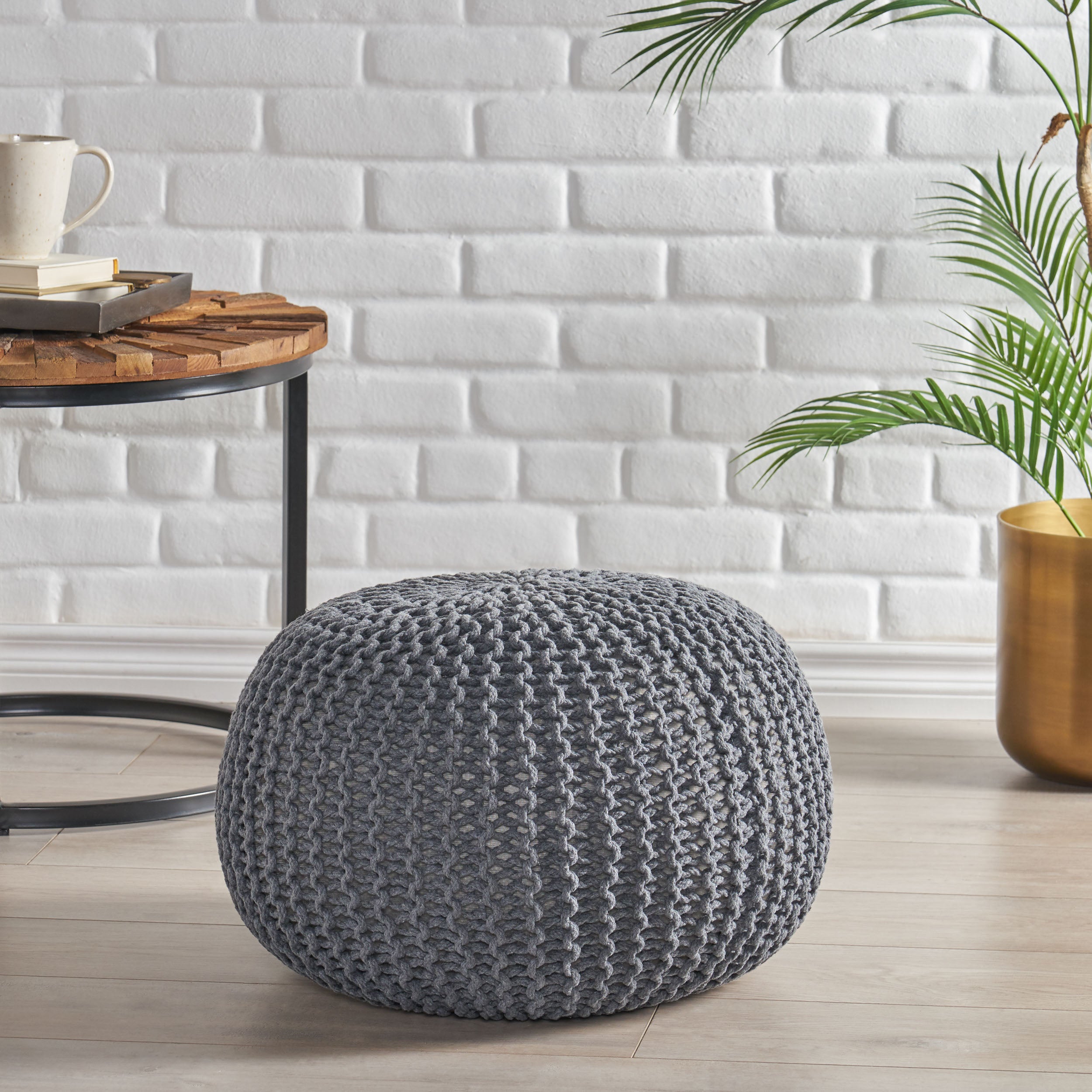 Barwick Modern Knitted Cotton Round Pouf