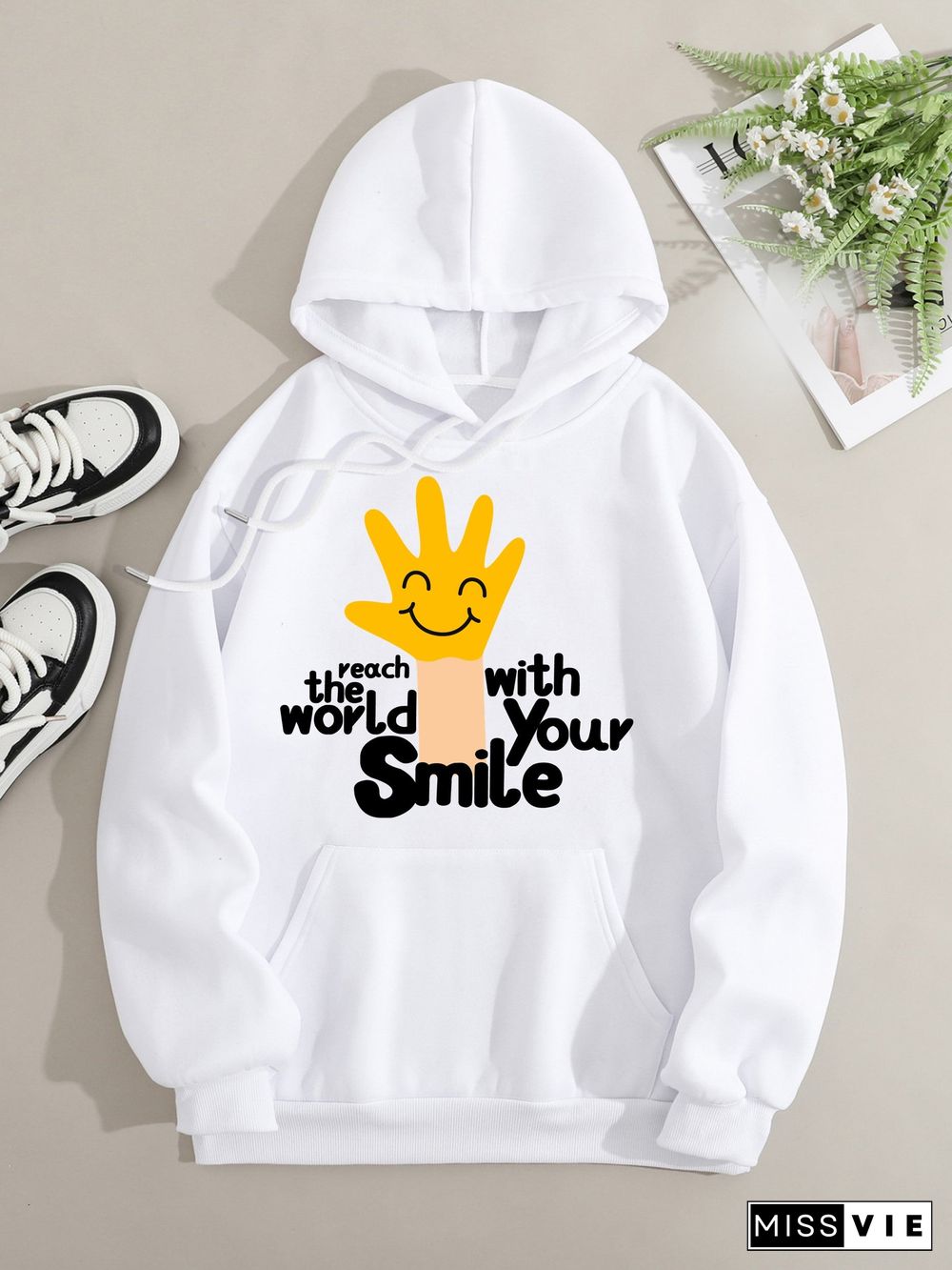 Printed on front Kangaroo Pocket Hoodie Long Sleeve for Women Pattern Touch the World with Your Smile