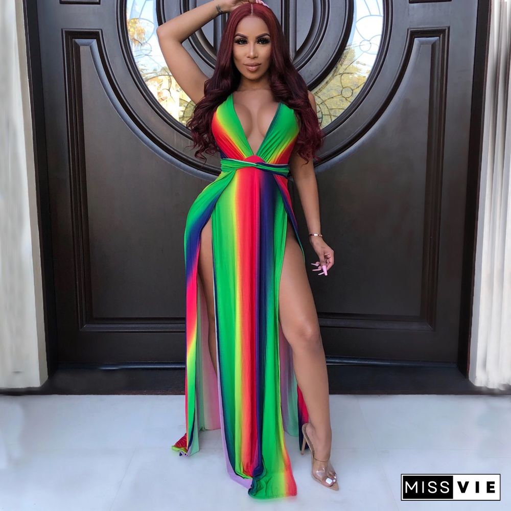 Sexy Rainbow Striped Print Deep V Neck High Slit Maxi Dress