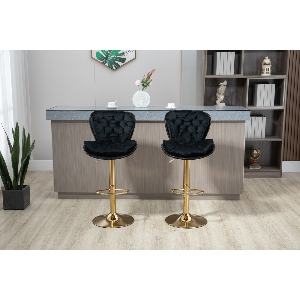 Modern Swivel Bar Stools  Set of 2  Adjustable Counter Height Velvet Upholstered Tufted Bar Stools with Back   Footrest  Black