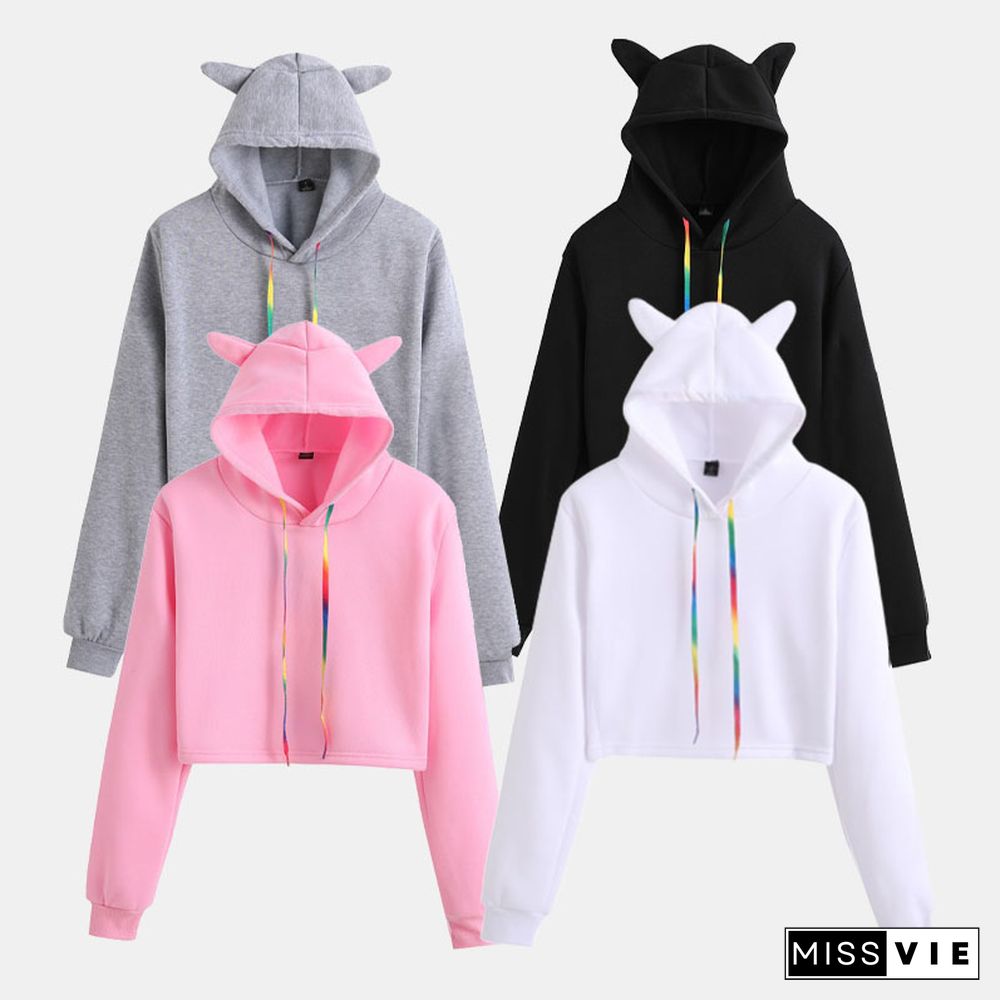 Pure Color Cat Ears Short Hoodie