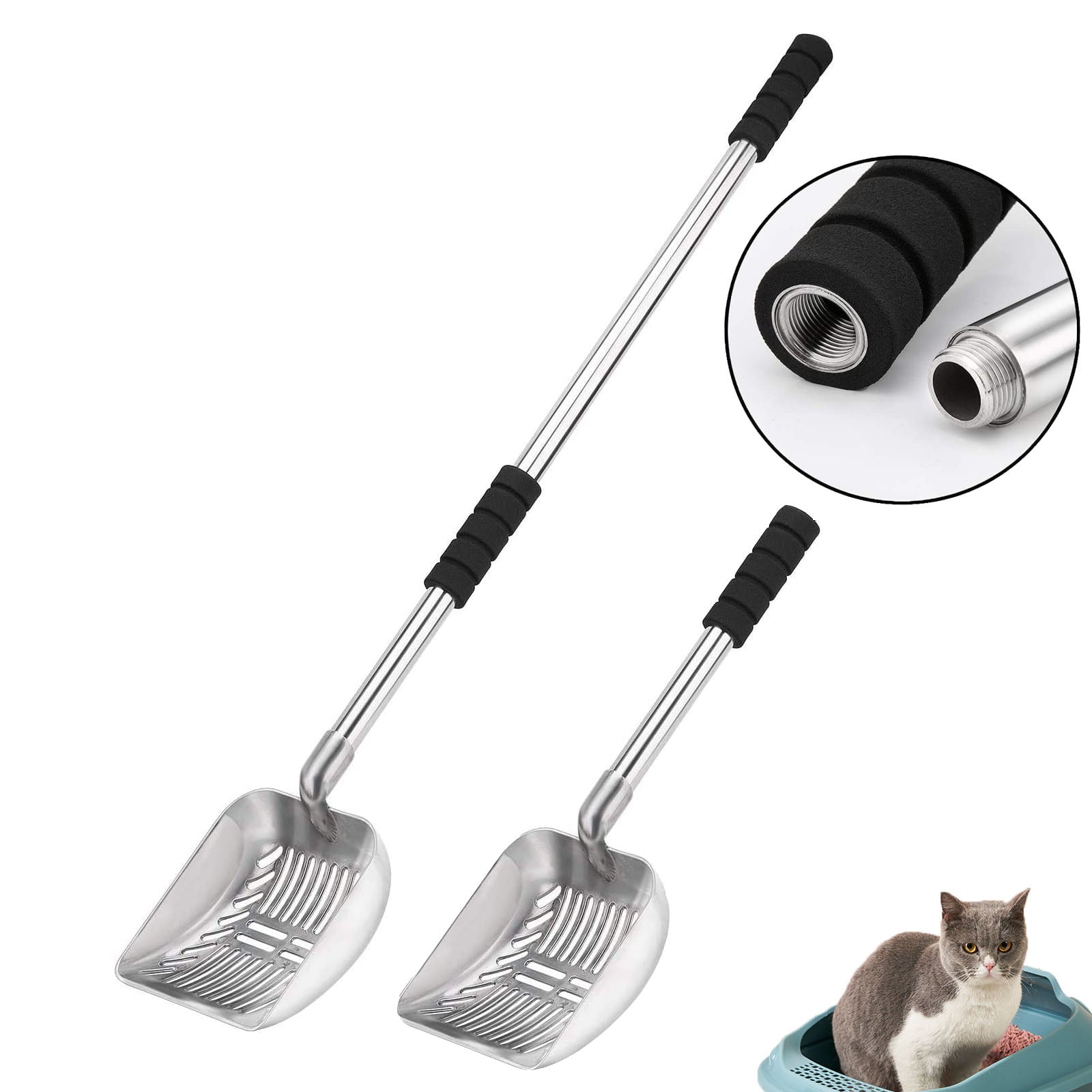 FunChaos Metal Cat Litter Scoop， Detachable Extensible Long Stainless Steel Handle and Deep Shovel， Non-Stick Litter Scoop for Kitty Cat Pet Poop