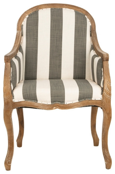 Addie Arm Chair With Awning Stripes Flat Black Nail Heads Grey/ Off White   French Country   Armchairs And Accent Chairs   by Virgil Stanis Design  Houzz