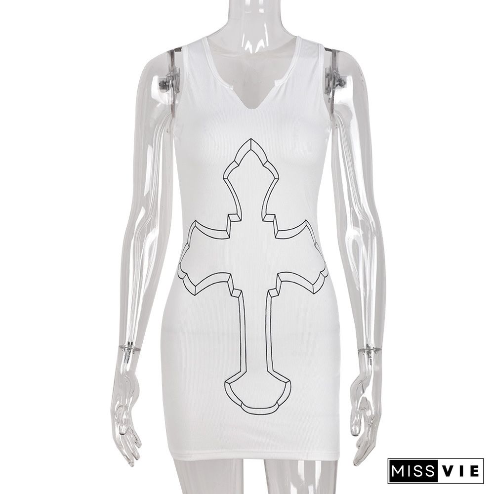 Y2K Streetwear Cross Printed White Mini Dress