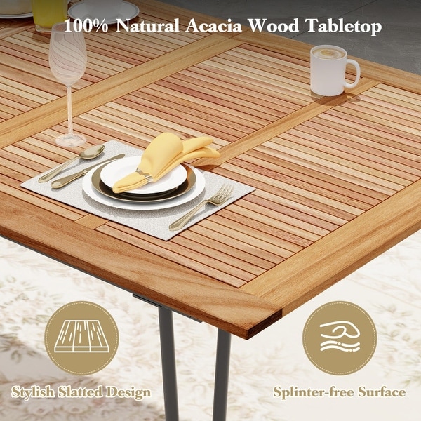 Rectangular Patio Dining Table for 8 with Acacia Wood Tabletop and Umbrella Hole