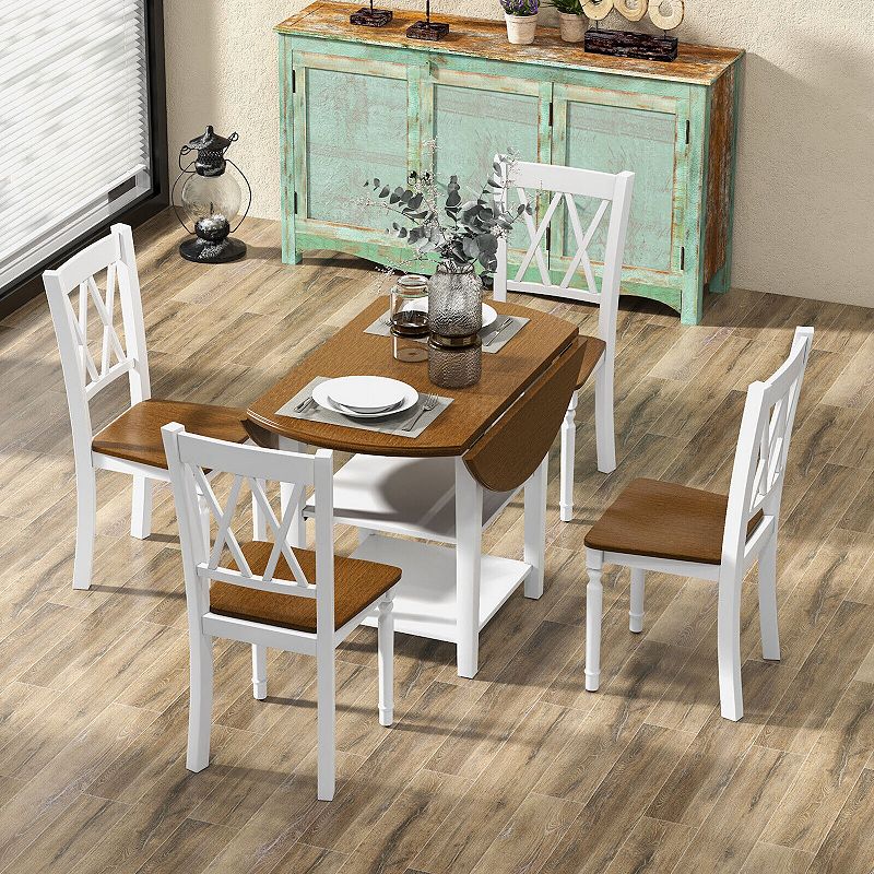 5 Piece Round Kitchen Dining Set with Drop Leaf Table Top