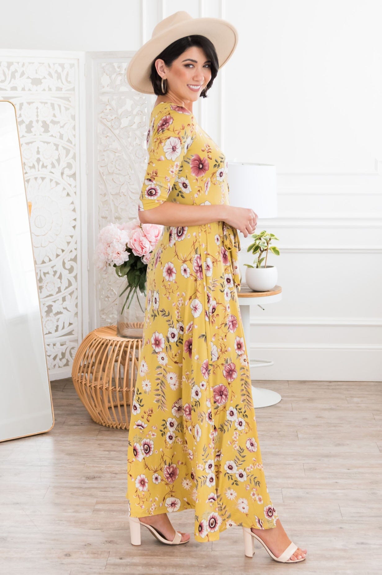 Crystal honey mustard floral plain dress