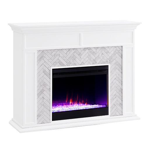 SEI Furniture Electric Freestanding Color Changing Tiled Fireplace in White with Gray Marble