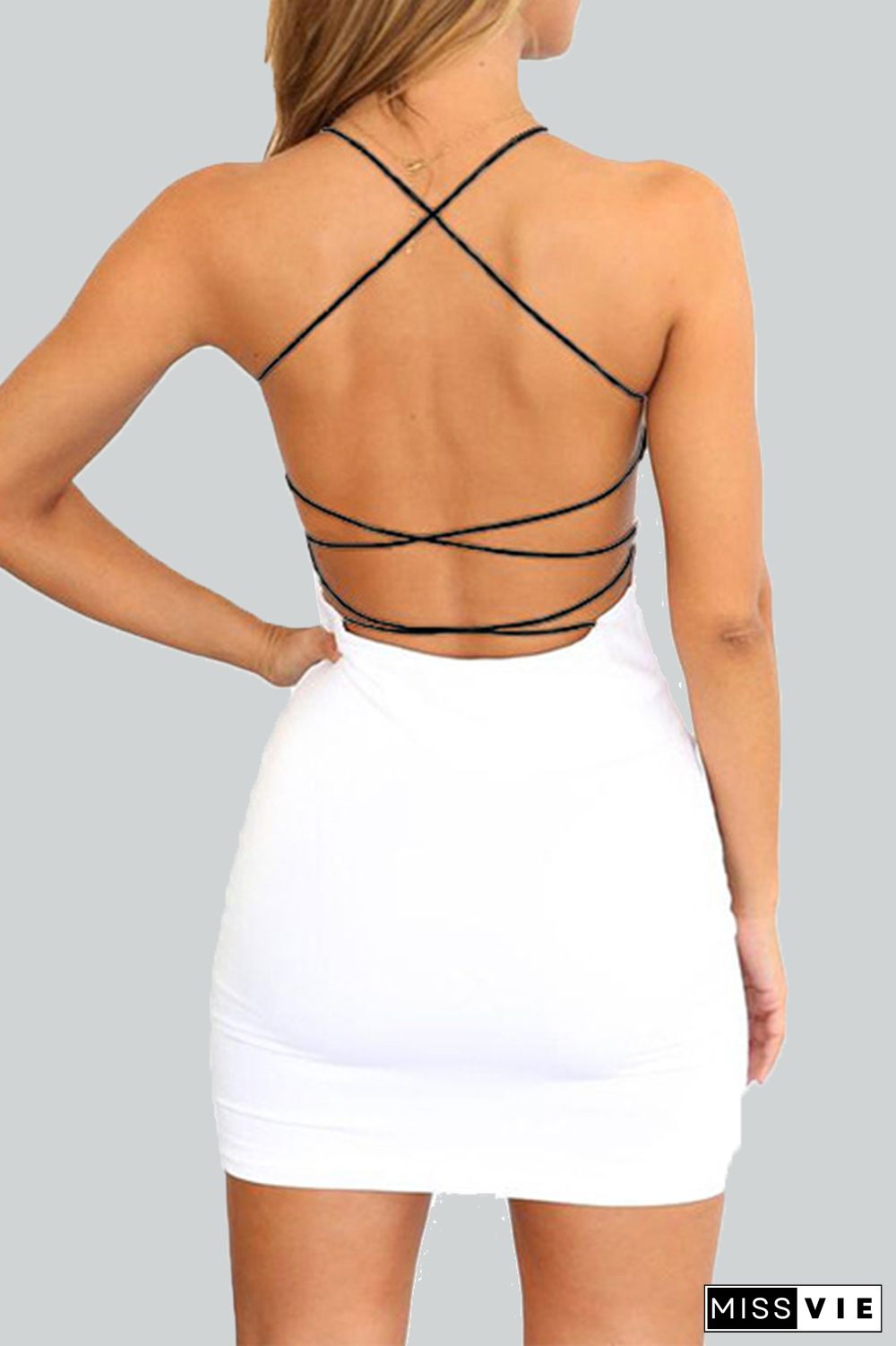 White Fashion Solid Backless Pullovers Halter Wrapped Skirt Dresses