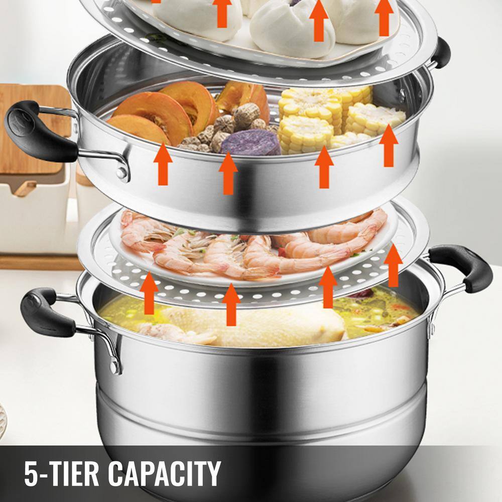 VEVOR 5-Tier Stainless Steel Steamer Dia-11 in. Multi-Layer Cookware Pot with Handles Work with Gas Electric Grill Stove Top ZL5CBXGZL28CM0001V0