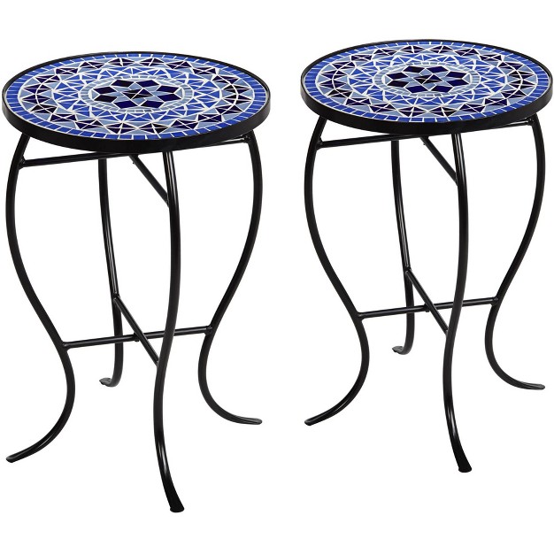 Wide Set Of 2 Light Blue Mosaic Tabletop Front Porch Patio Home House