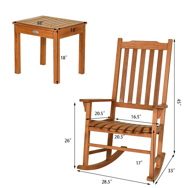 Costway 3 Pcs Eucalyptus Rocking Chair Set W Coffee Table 2 Wood Conversation Chairs