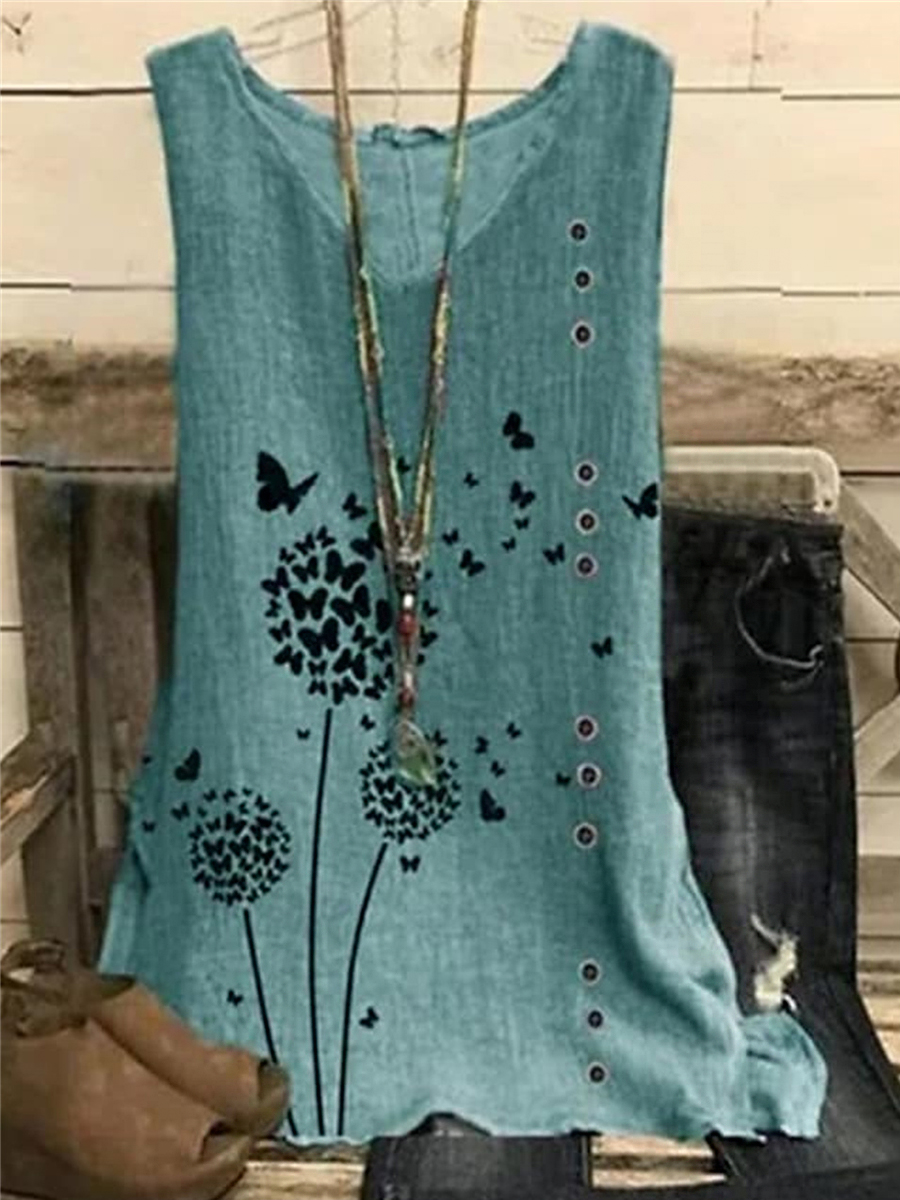 Casual Dandelion Print Crew Neck Sleeveless Blouse