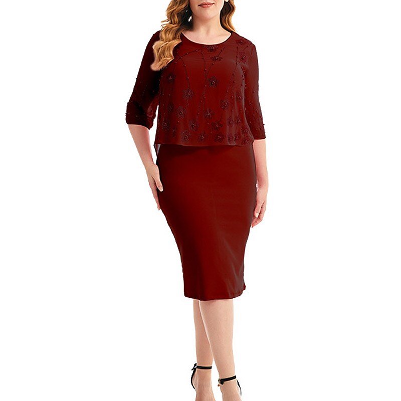 Women's Plus Size Work Dress Floral Crew Neck Print 3/4 Length Sleeve Dress