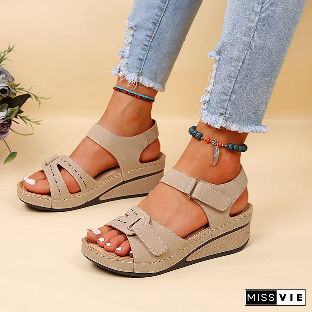 Women's Velcro Roman Style Fish Toe Casual Wedge Sandals