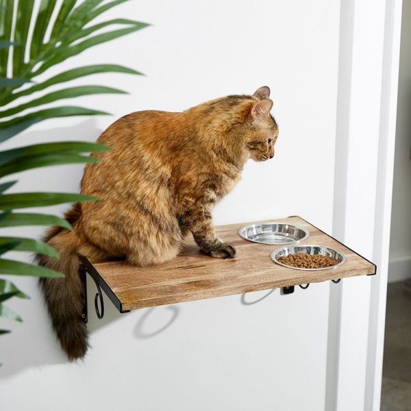 Frisco Wooden Wall Mounted Stainless Steel Cat Feeding Station with Bowl