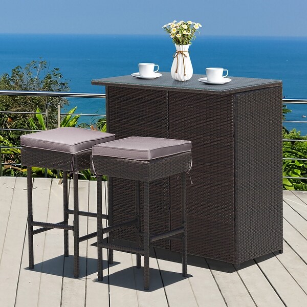 Costway Patio 3PCS Rattan Bar Table Stool Set Cushioned Chairs with