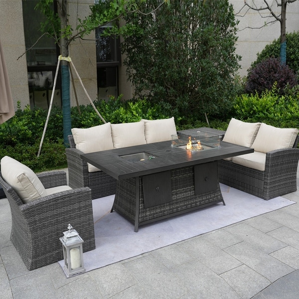 5Piece Patio Wicker Conversation Sofa with Firepit Table and Storage Box