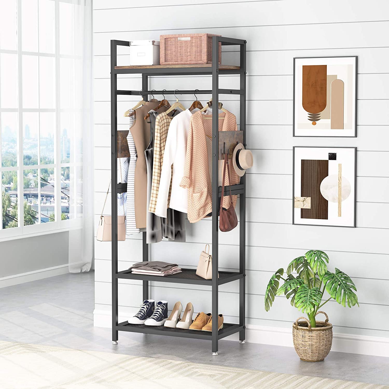 Tribesigns Rustic Hall Tree， Entryway Clothes Rack with with shoe storage Hanging Bar and Hooks for Bedroom