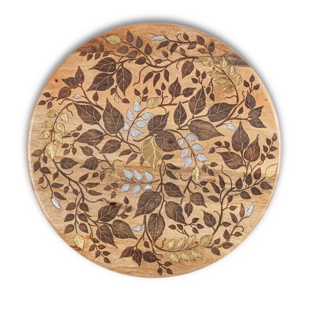 Gg Collection Mango Wood With Laser And Metal Inlay Leaf Design Lazy Susan