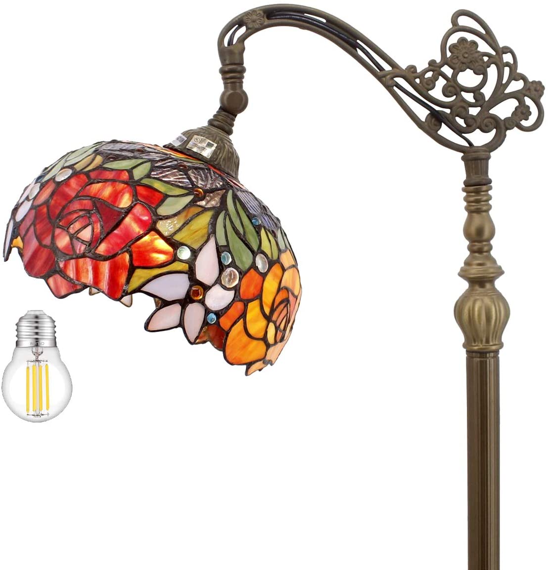 Rose LED Tiffany Floor Lamp 64" Tall Industrial Pole Vintage Boho Stained Glass Standing Corner Arc Bright Reading Soft Light Arched Gooseneck Adjustable-Living Room Kids Bedroom Farmhouse