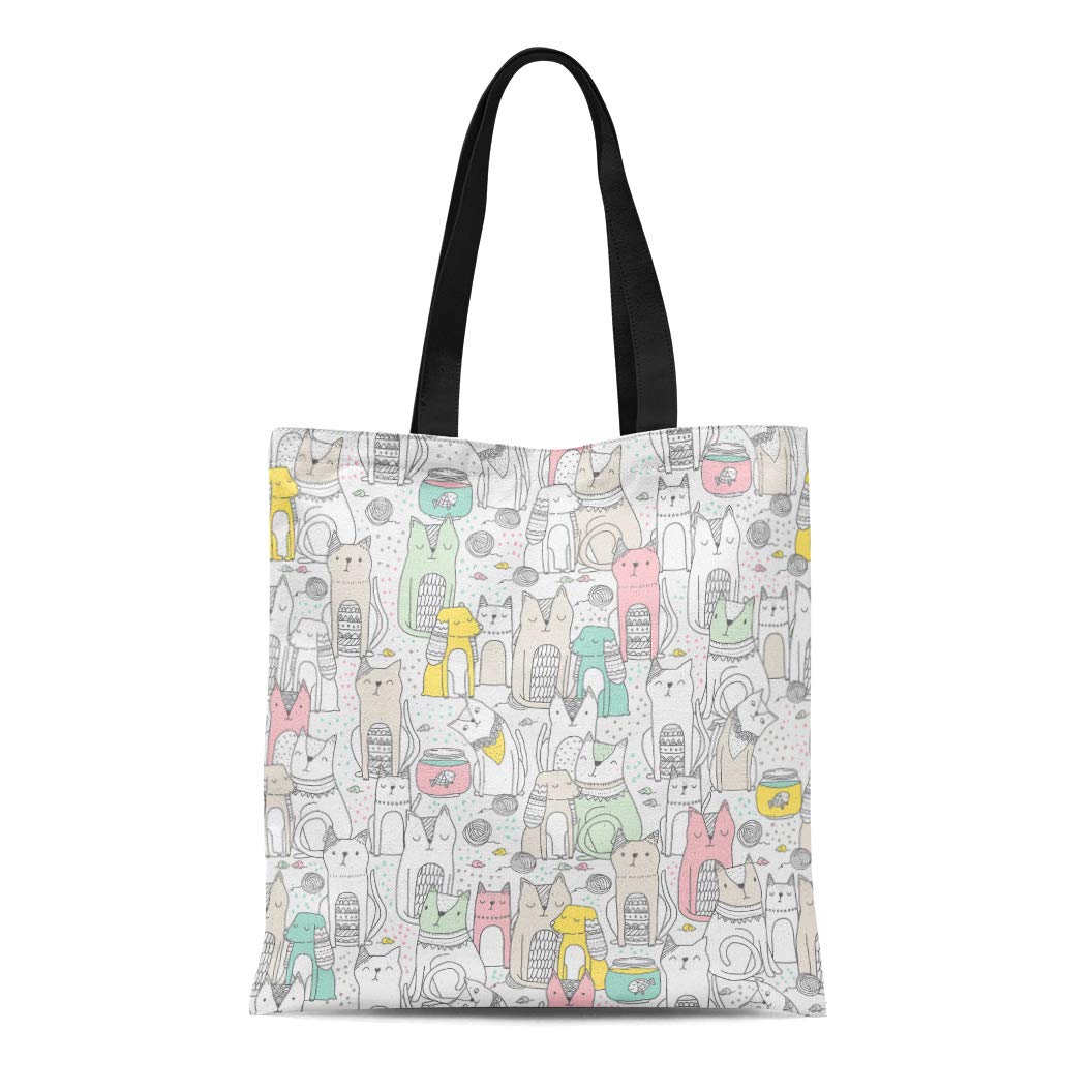 LADDKE Canvas Tote Bag Colorful Funny Cats and Spaniel Dogs Adorable Pets Reusable Shoulder Grocery Shopping Bags Handbag