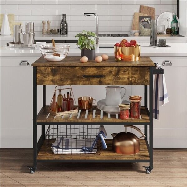 Rolling Kitchen Cart Serving Cart on Wheels w/Drawer and Shelves， Rustic Brown