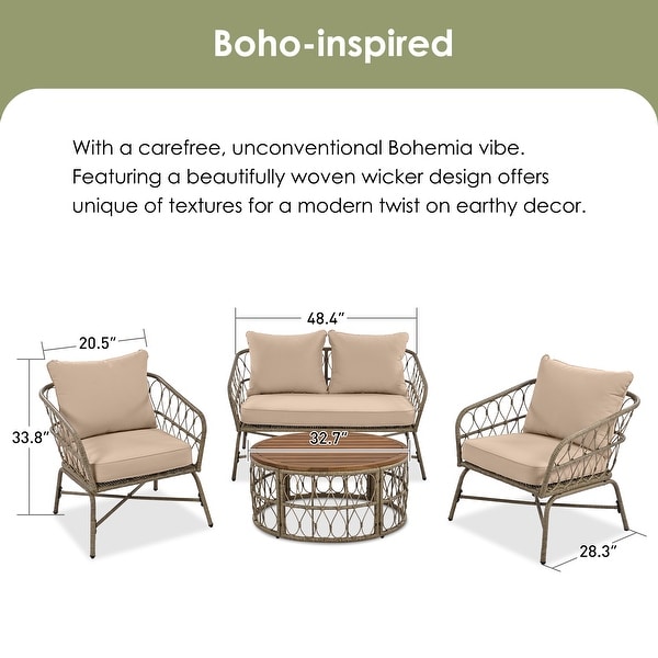 4Piece Wicker Patio Conversation Set with Beige Cushions，With Wood Tabletop