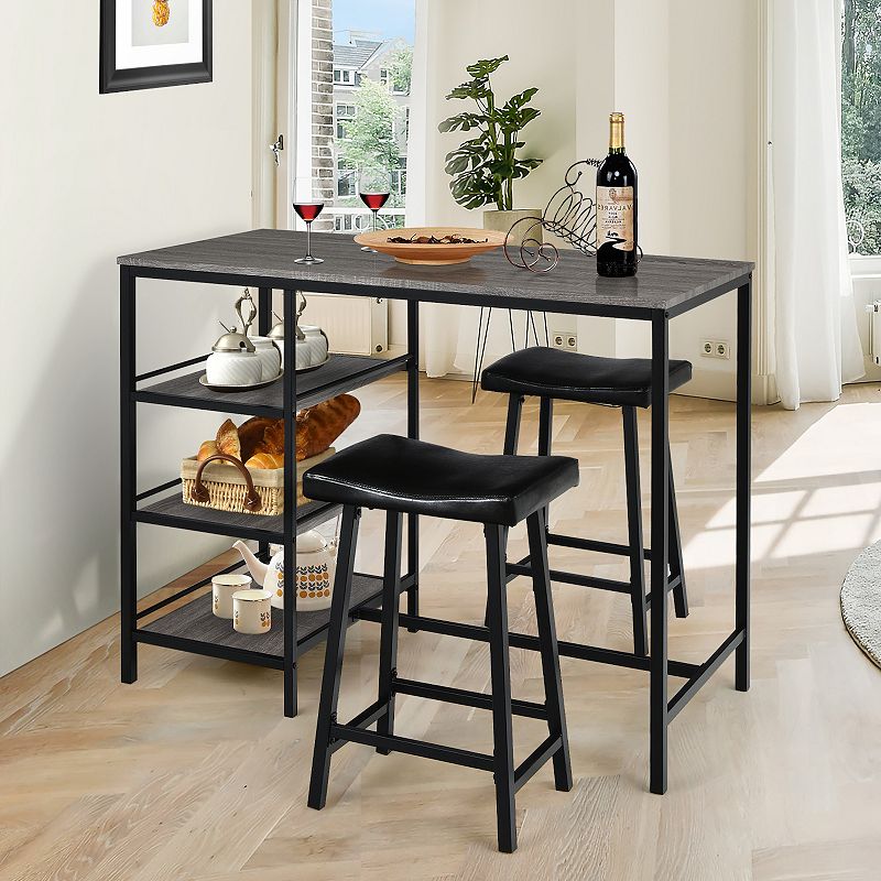 3 Pieces Counter Height Dining Bar Table Set With 2 Stools And 3 Storage Shelves