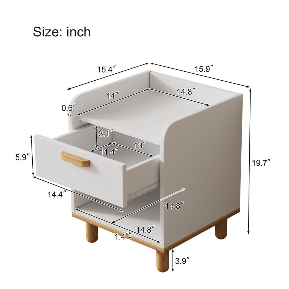 White Modern Nightstand  End Side Table with Open Storage Shelf