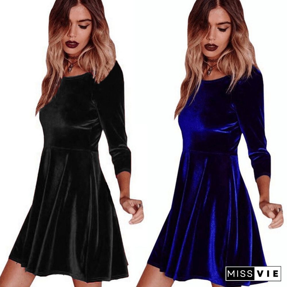 Womens Autumn Winter Fashion Dress Velvet Long Sleeve Dresses