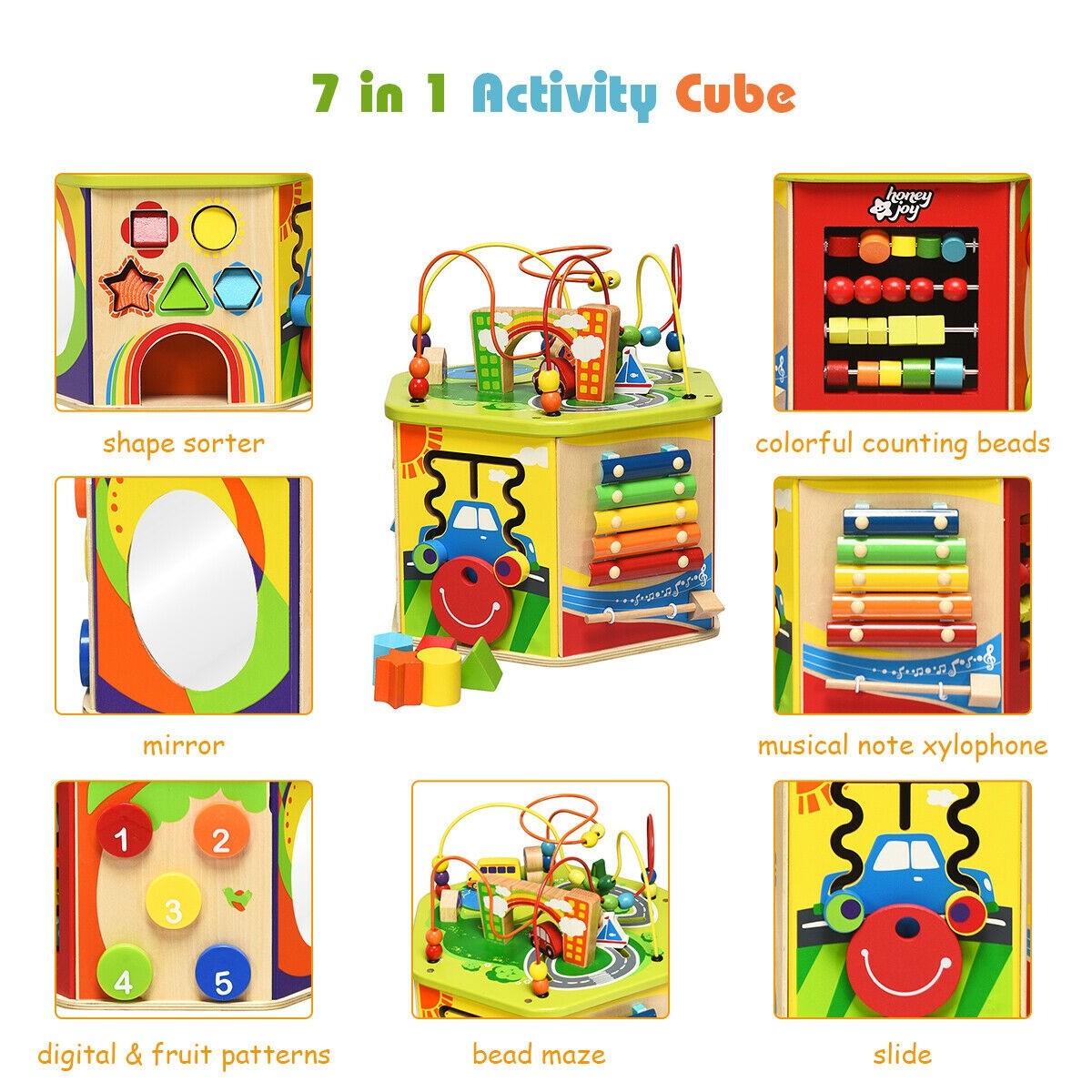 Costzon Wooden Activity Play Cube, 7 Sided Activity Center w/ Rotating Base, Bead Mazes