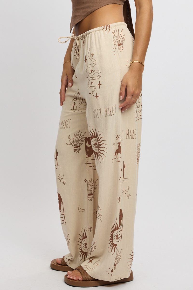 Beige Abstract Wide Leg Pants High Rise