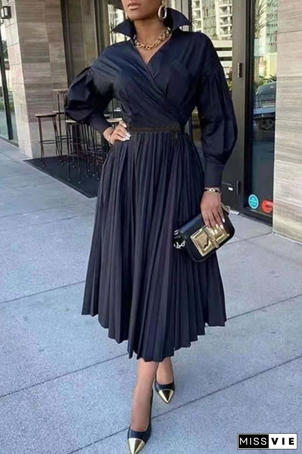 Black Casual Solid Patchwork V Neck Pleated Dresses