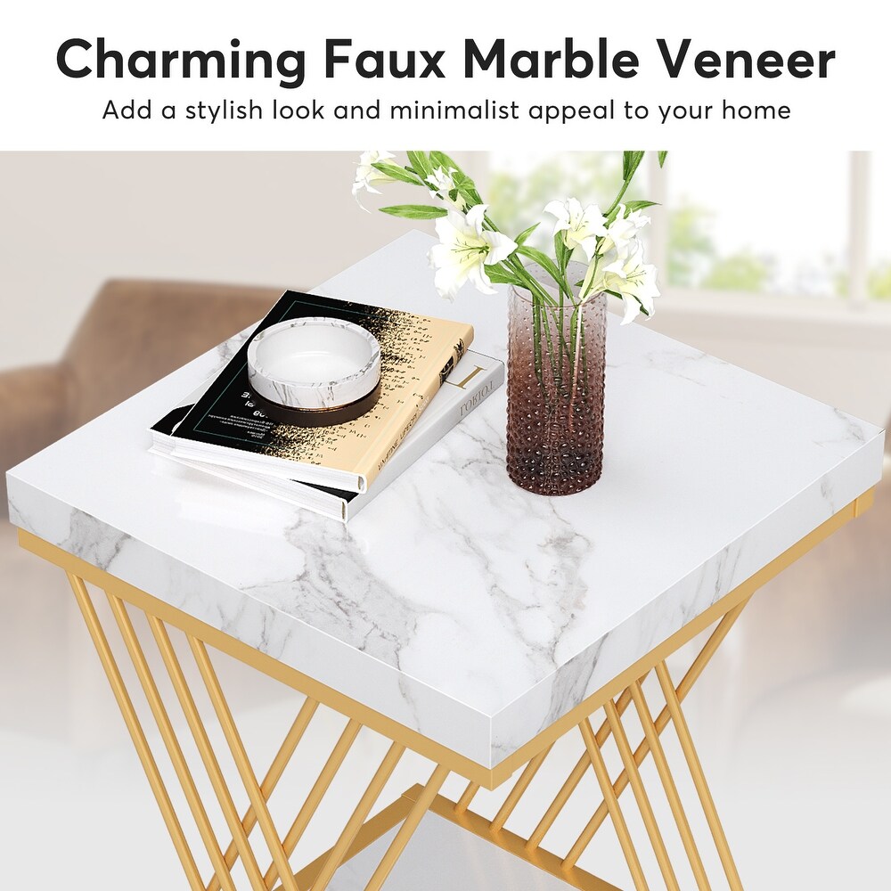 Faux Marble White and Gold Square Side Table End Table