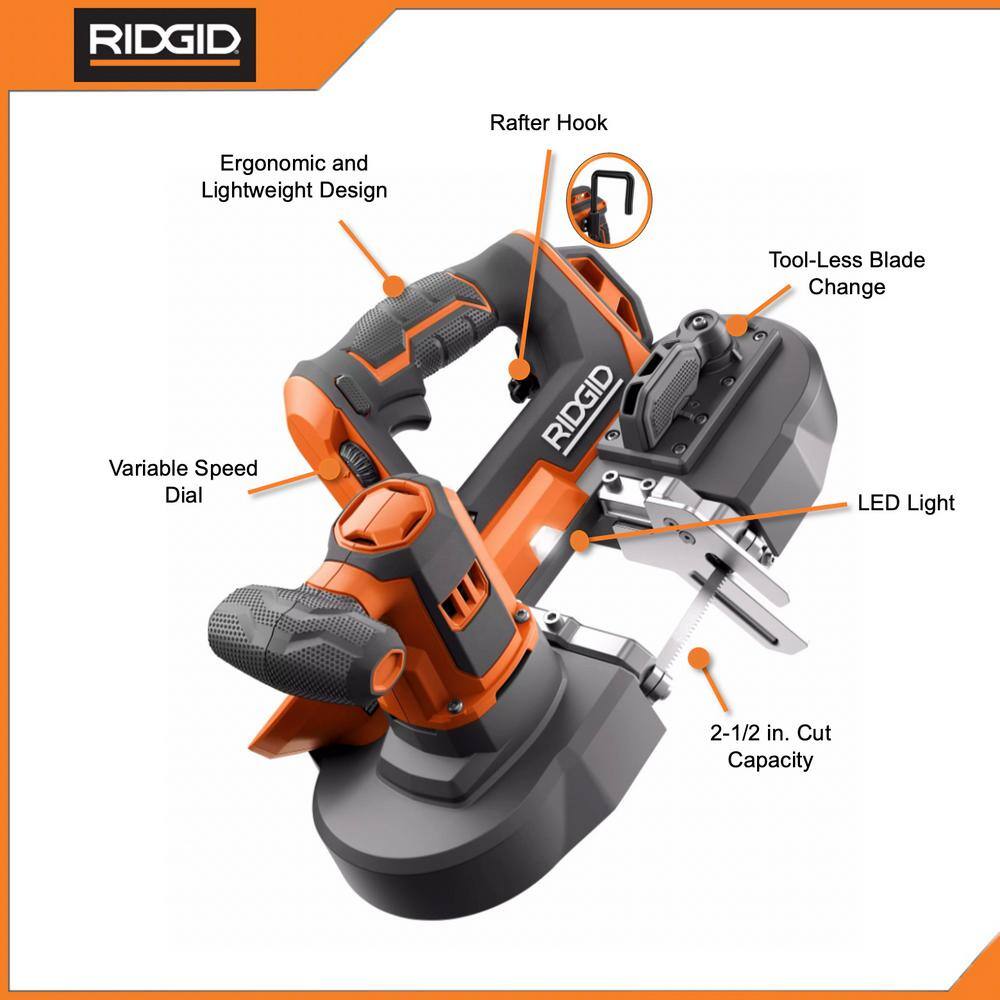 RIDGID 18V MAX Output Kit with 6.0 Ah and 4.0 Ah MAX Output Batteries Charger  18V Compact Portable Band Saw AC840060SB1-R8604B