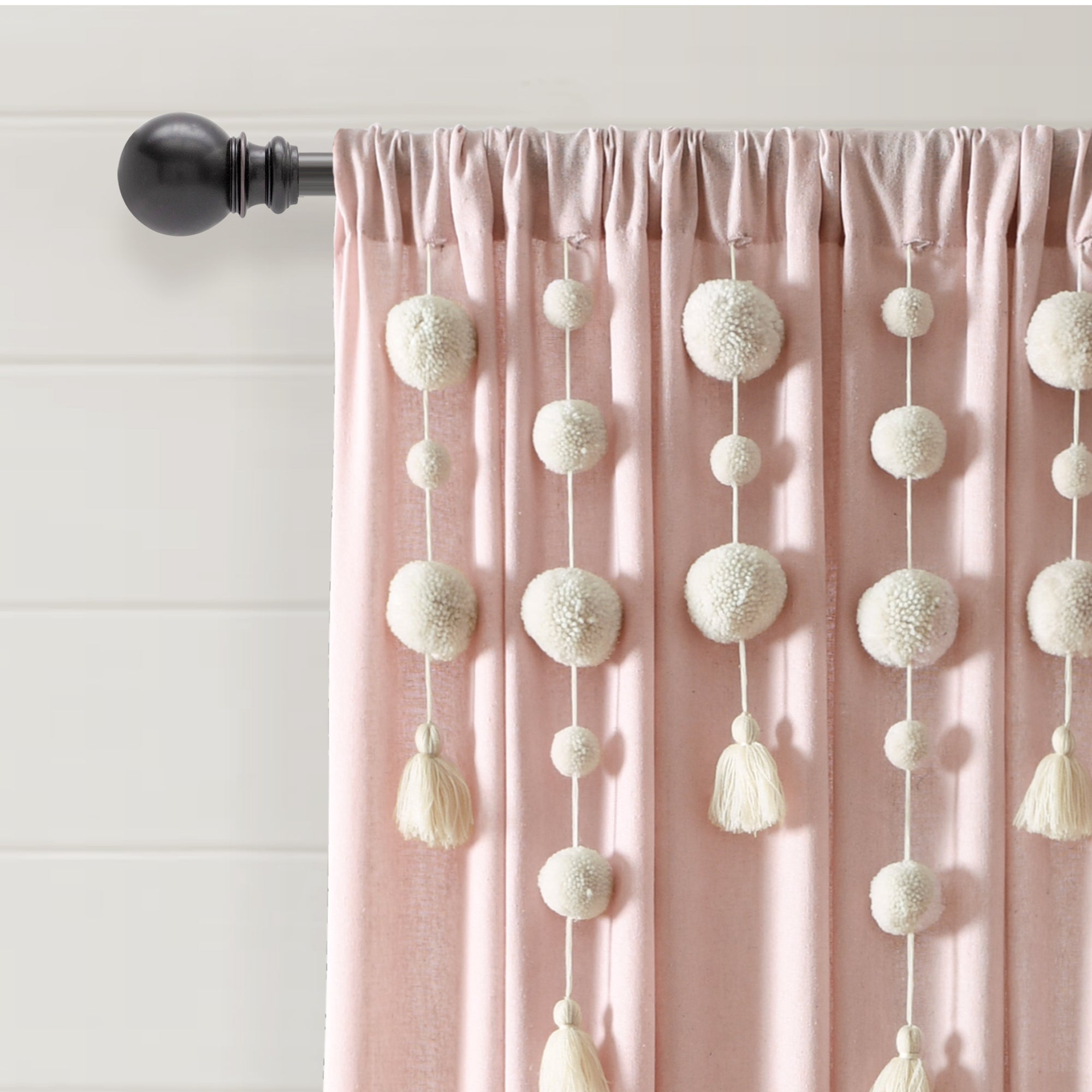 Boho Pom Pom Tassel Faux Linen Window Curtain Panel