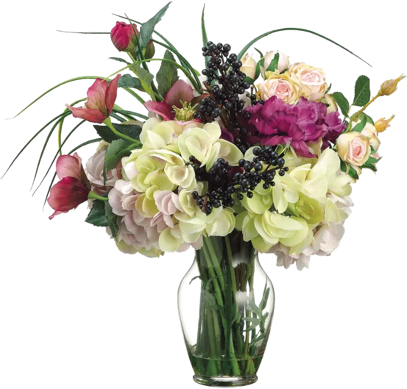 Multi Color Helleborus and Roses Faux Arrangement in Clear Vase