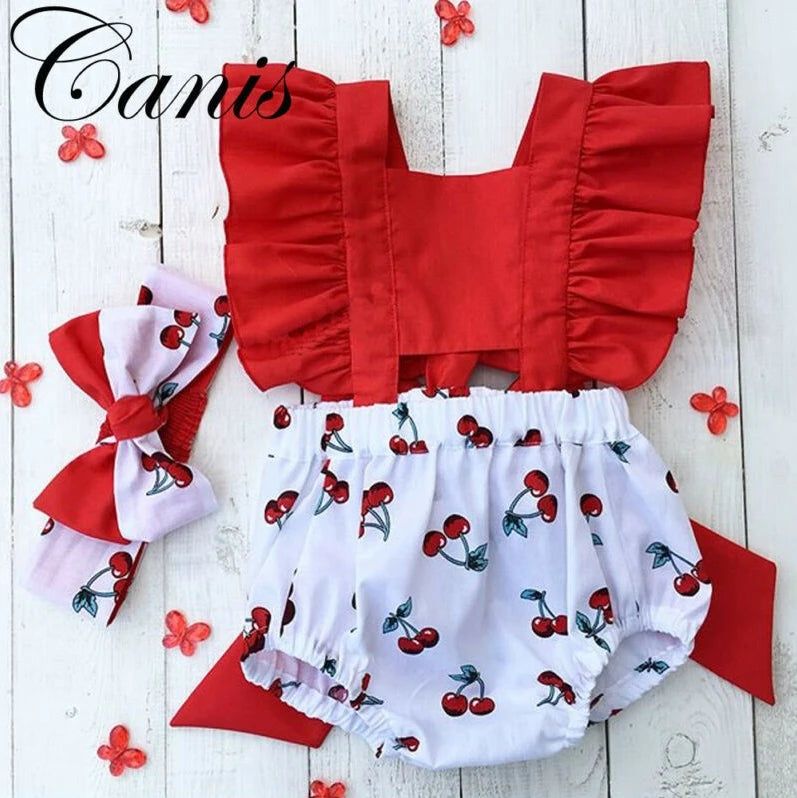 New Arrival 2pcs Red Flower Baby Clothing Newborn Baby Girls Lace Backless Romper Dress Jumpsuit Outfits Clothes 0-24M