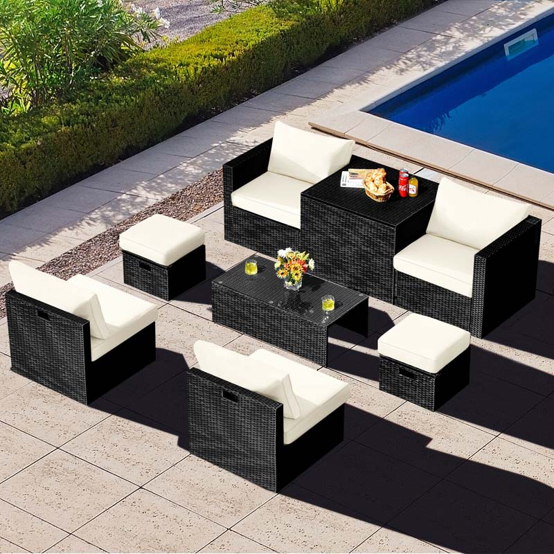 8 Pcs Rattan Wicker Outdoor Patio Furniture Sectional Sofa Set with Storage Box & Waterproof Cover