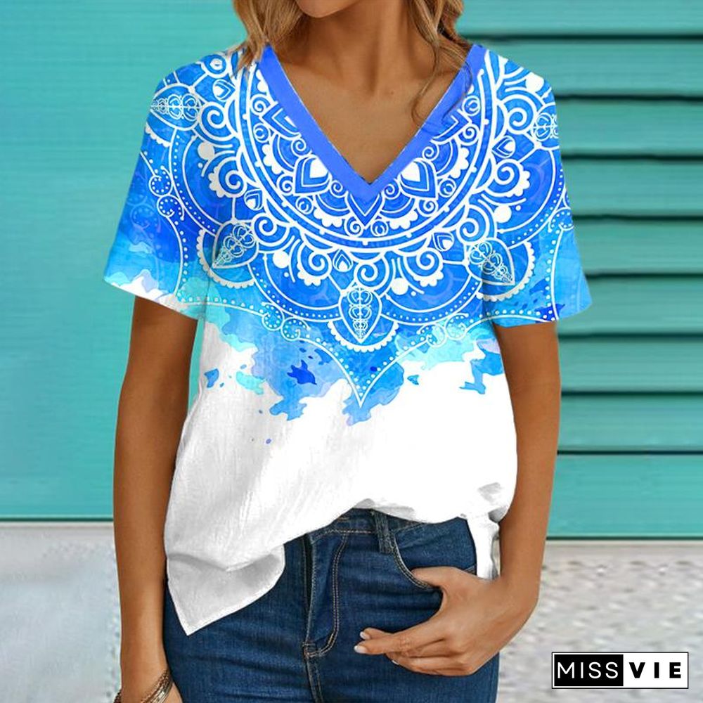 Ship in 24 hoursBlue Mandala Flower Graphic V-neck Casual Women's T-shirt