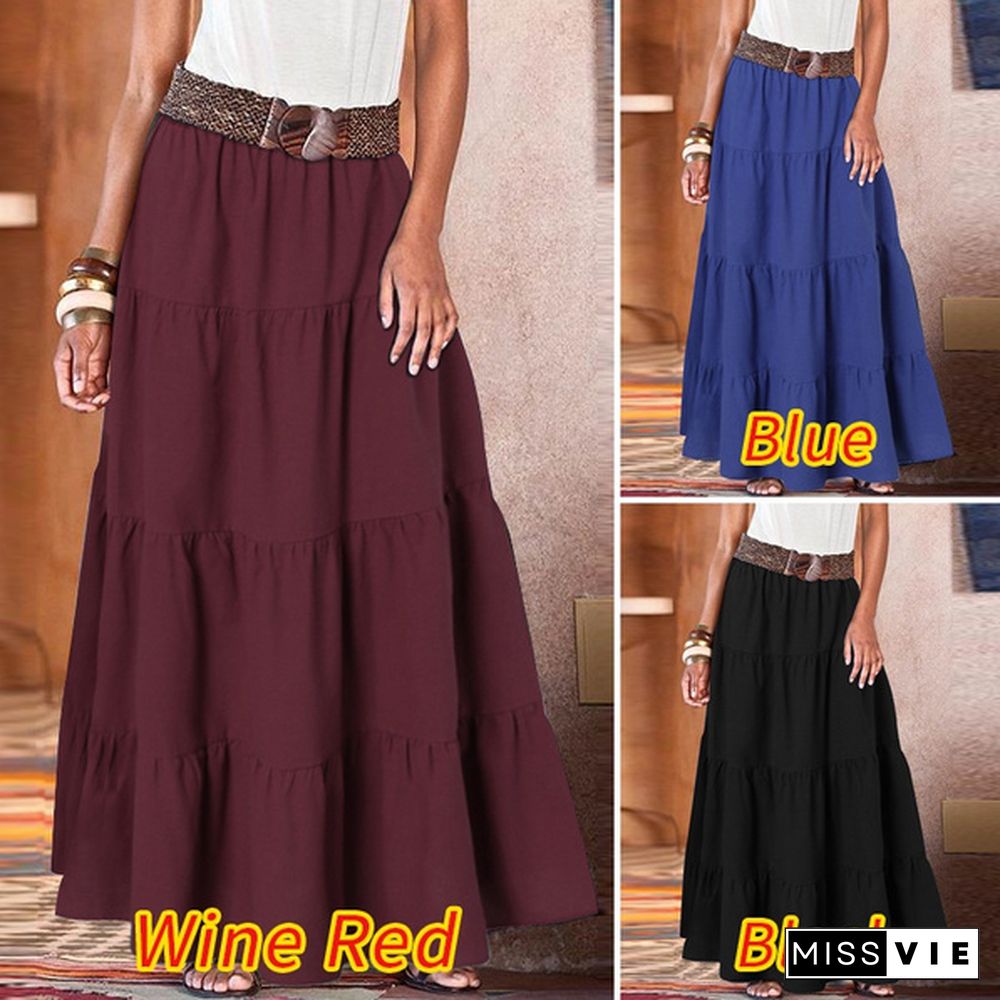 Women Summer Elastic Waist Tiered Plus Size Long Skirts Beach Party Maxi Dresses