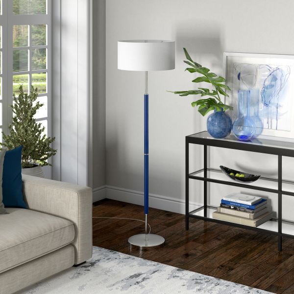 Simone 2-Light Floor Lamp with Fabric Shade in Blue/Polished Nickel/White