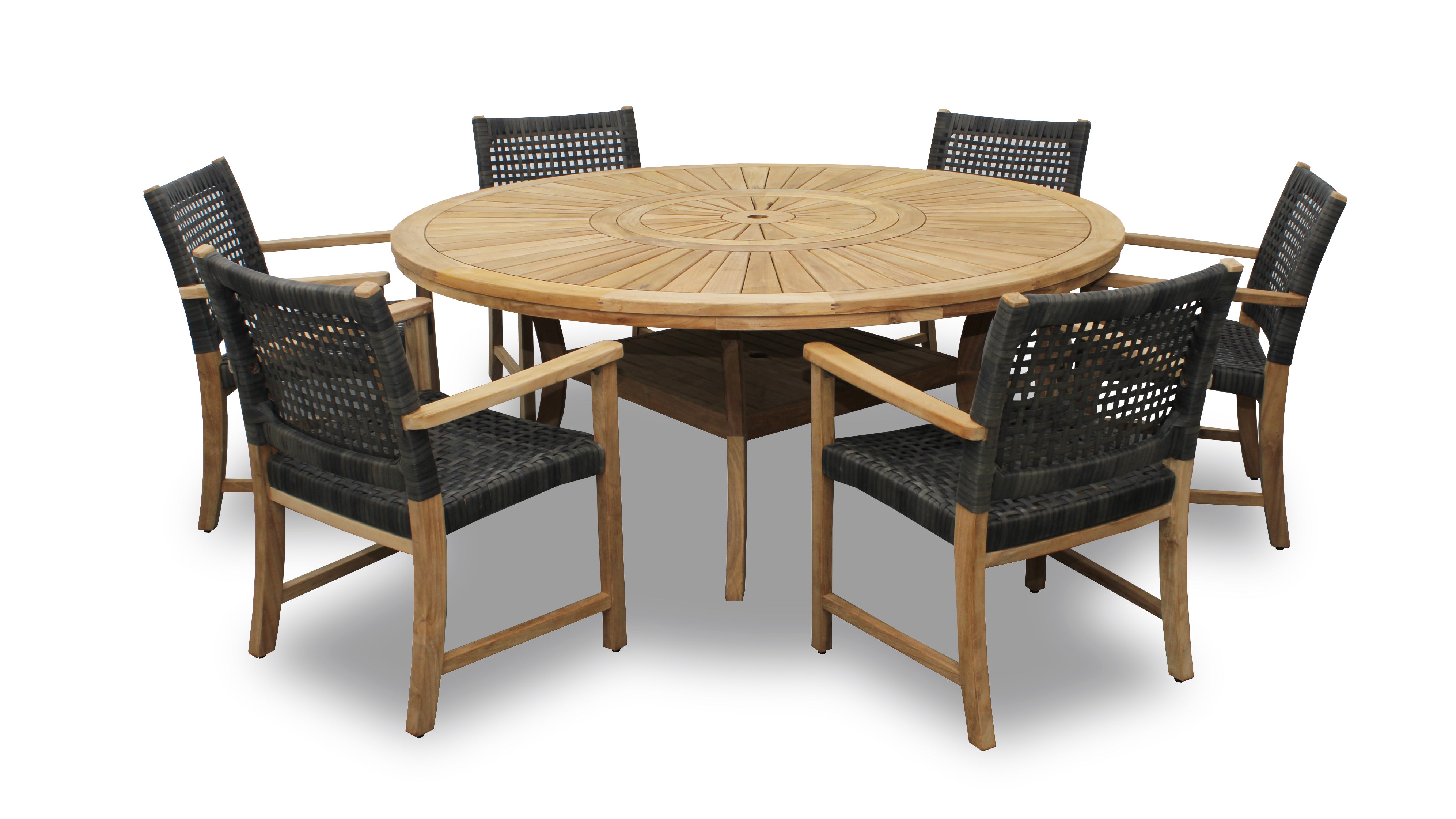 Komodo Teak 7pc Outdoor Dining Set (Teak 70 Round Table w Built-in Lazy Susan with 6 Woven Sanur Armchairs)