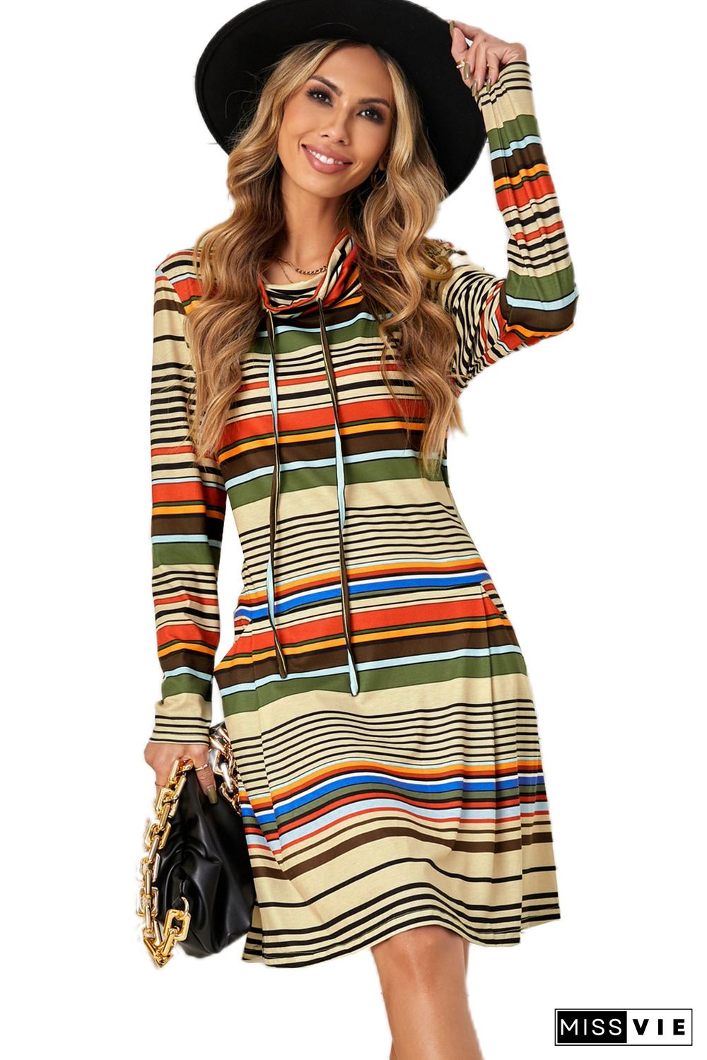 Striped Turtleneck Long Sleeve Shirt Mini Dress with Pocket