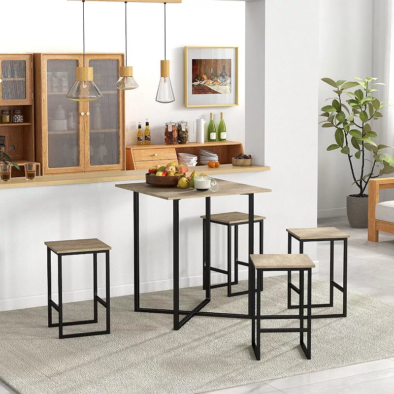 5 Piece Square Space-saving Dining Table Set with 4 Stools