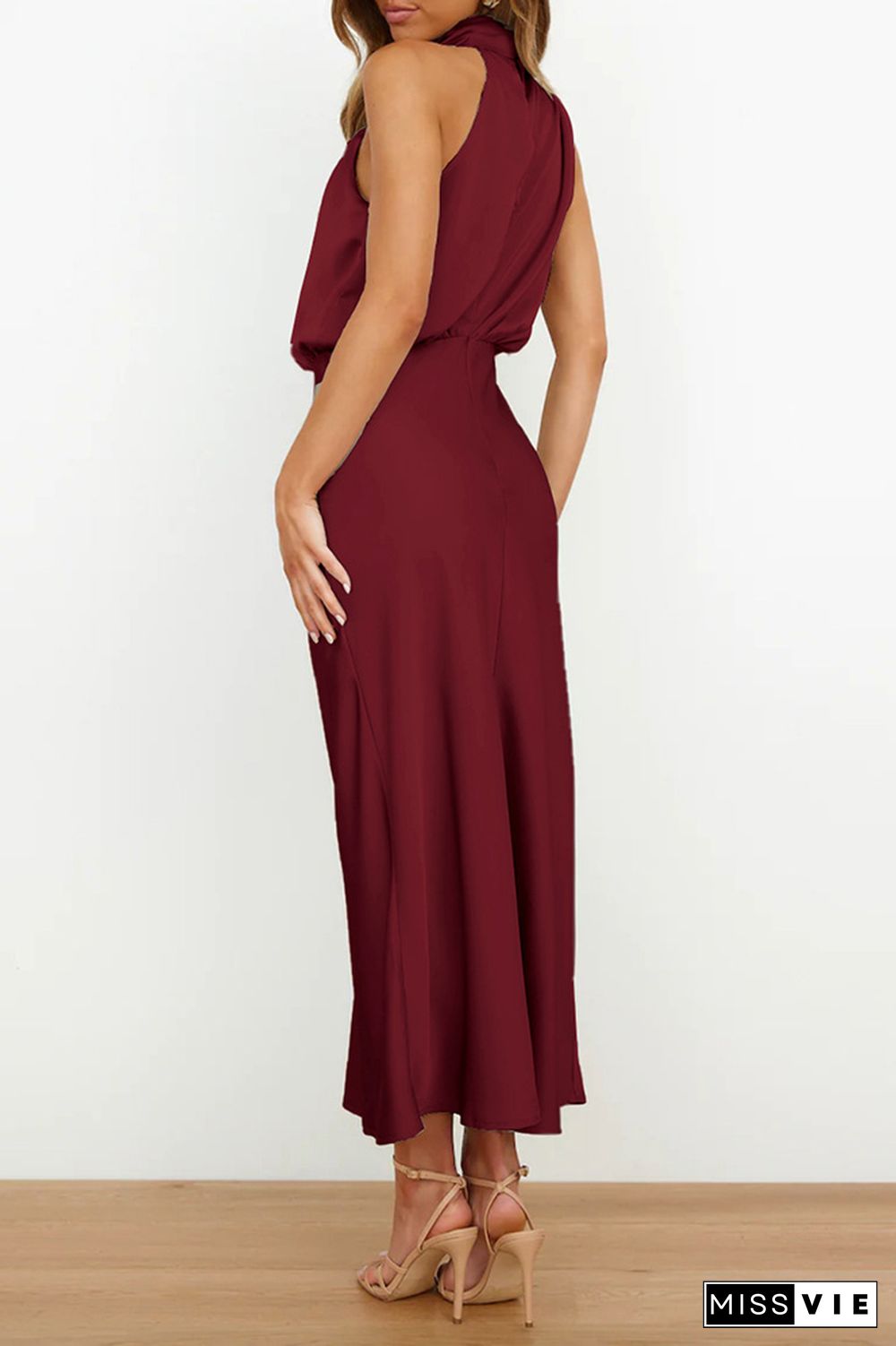 Ruched Cut Shoulder Sleeveless Sily Maxi Dress