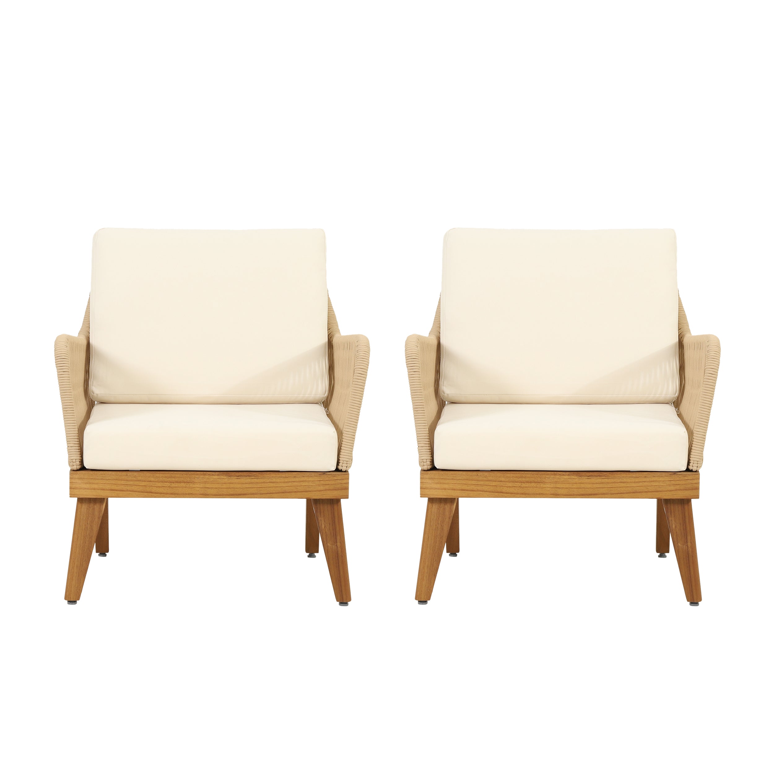 Hueber Outdoor Acacia Wood Club Chairs with Cushion, Set of 2, Teak, Light Brown, and Beige